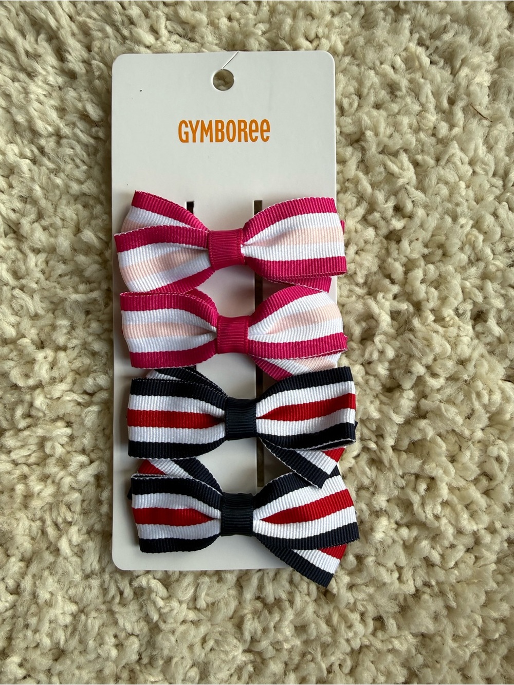Gymboree set of 4 striped bow hair clips Pink white and Red white Navy strip